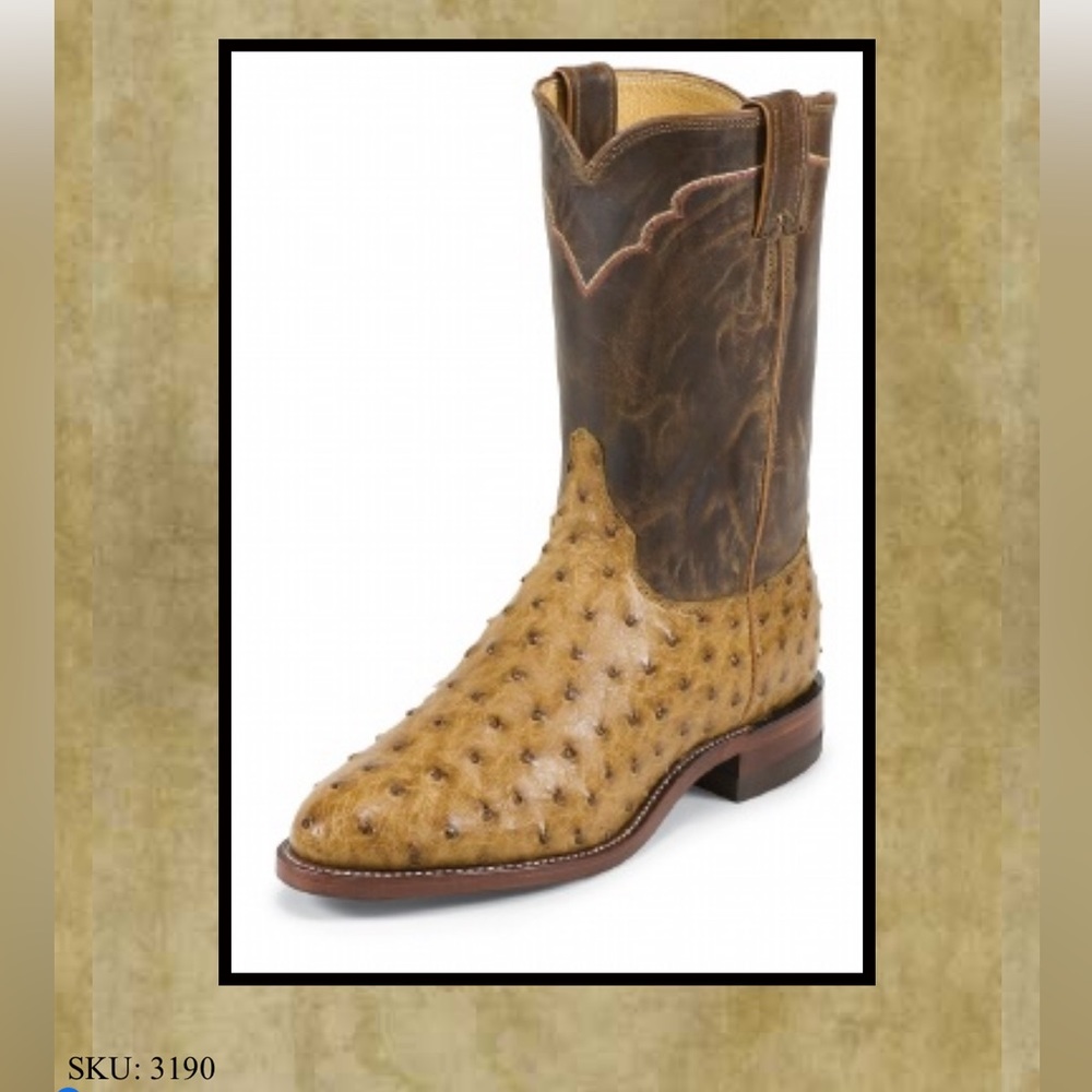 Justin 3190 Men's Exotic Roper
Boot Antique Tan Full Quill
Ostrich Foot